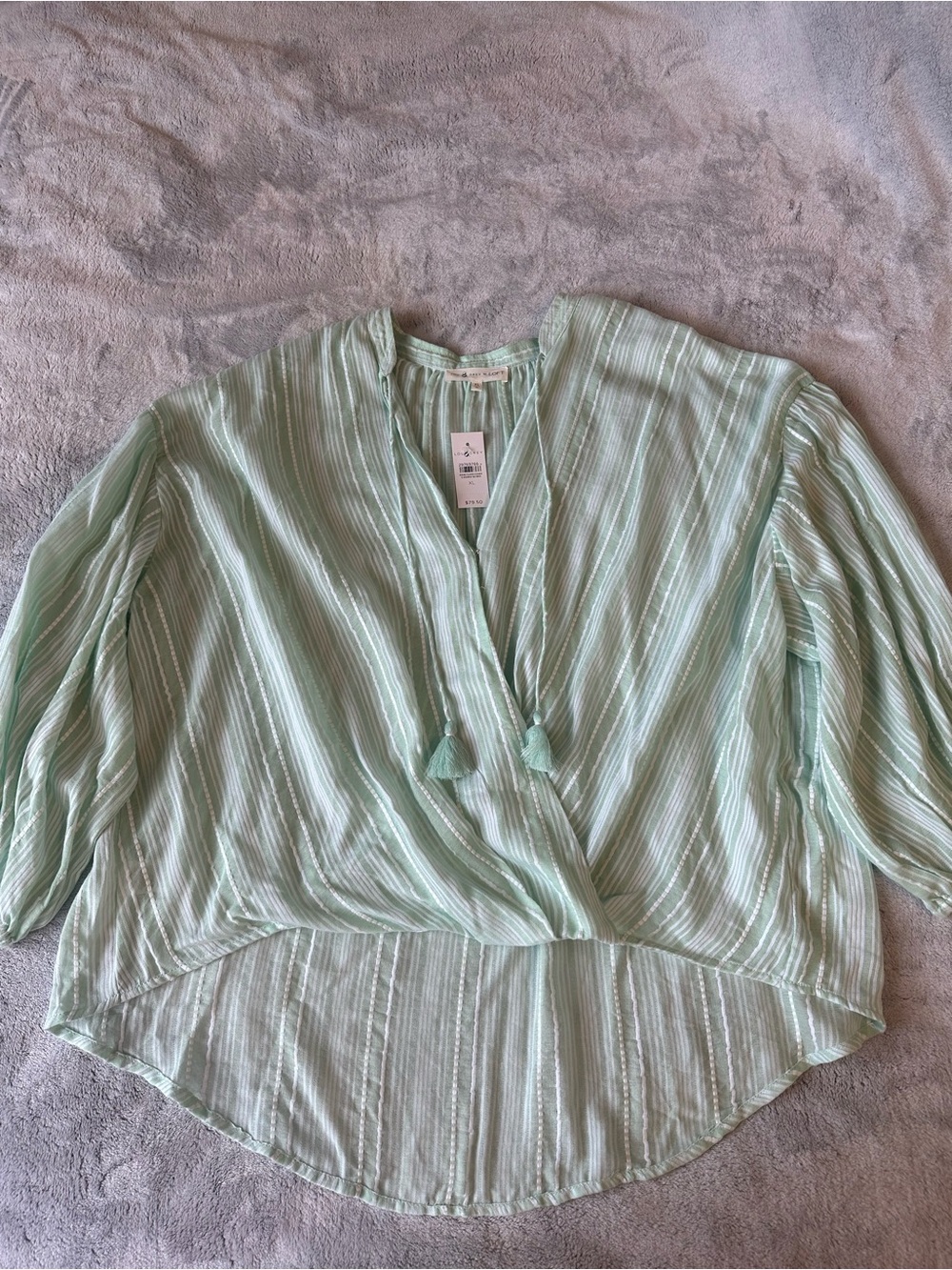 Light Green Striped V-Neck Wrap Blouse with Tassel Tie